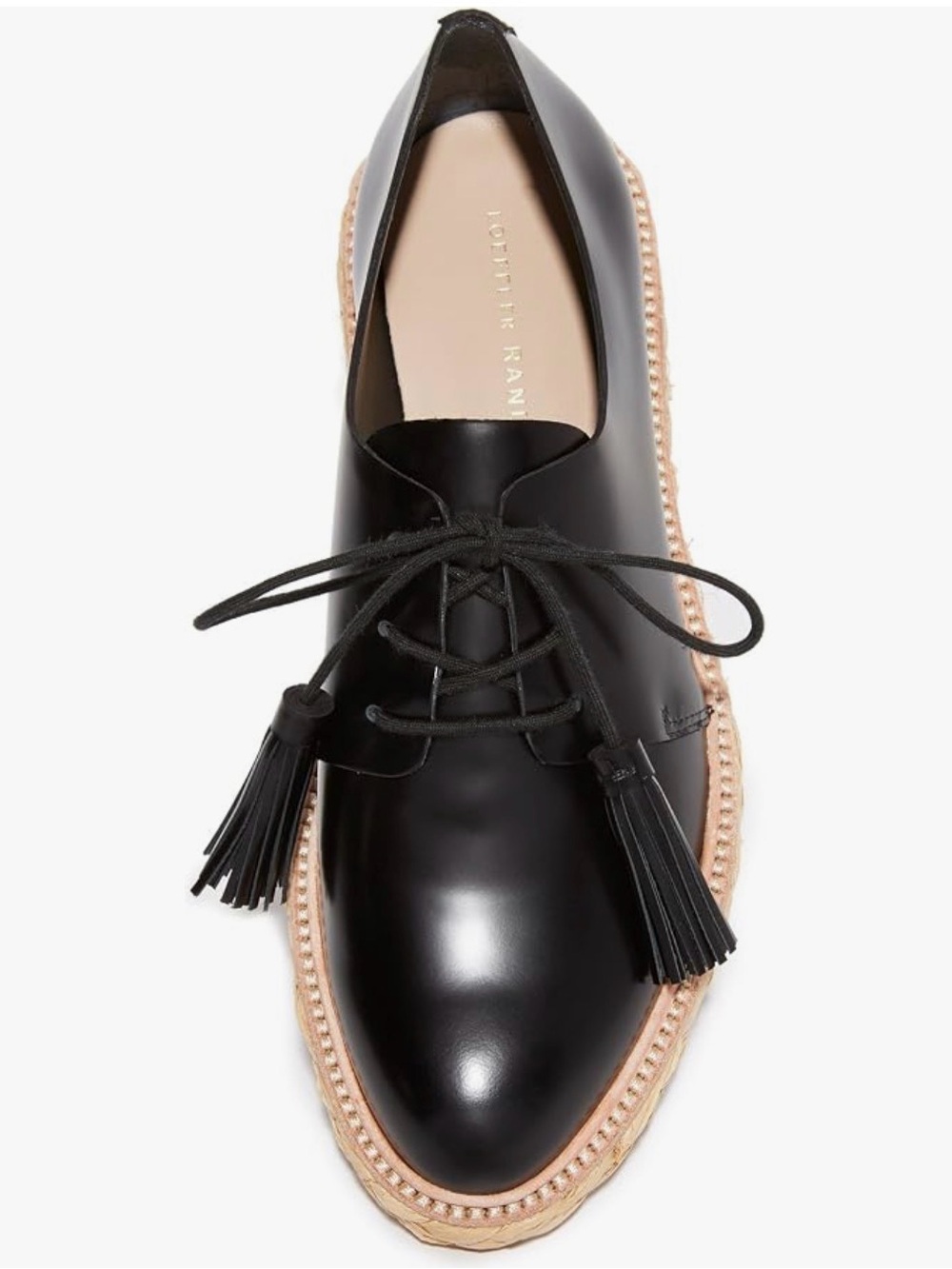 Loeffler Randall Black Leather Tassel Lace-Up Loafer with Natural Trim